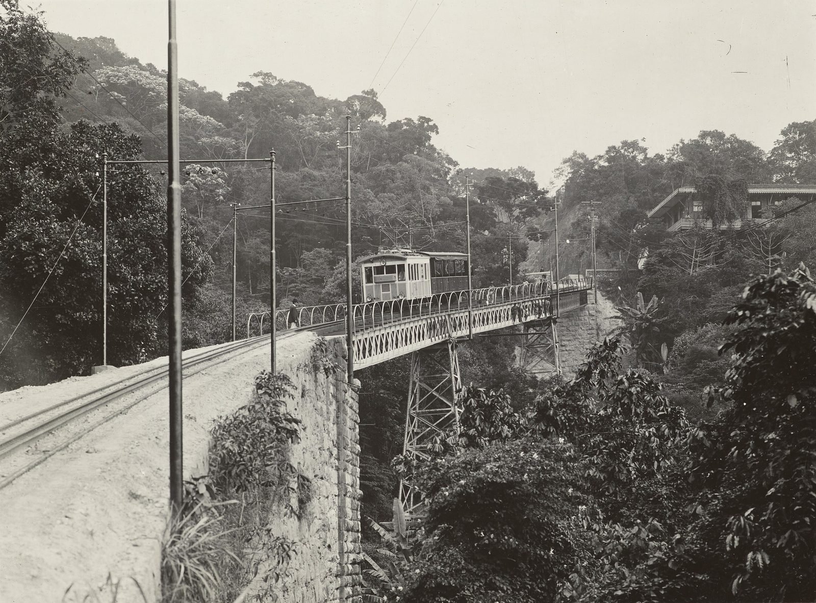Bonde da Estrada de Ferro do Corcovado atravessando um viaduto metálico no meio da mata
